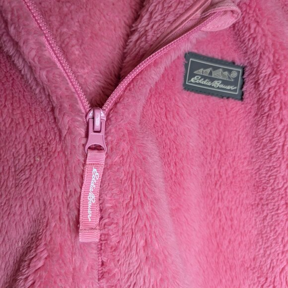 Eddie Bauer Girl's Size L Solid Pink Teddy Bear Fuzzy Fleece zip Hooded Jacket - Picture 5 of 9
